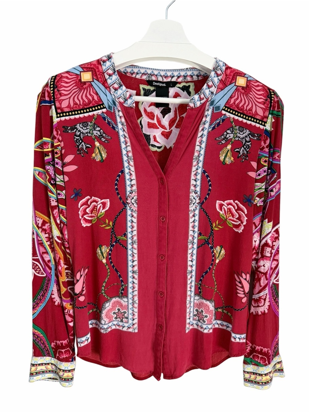DESIGUAL Red Floral Embroidered Boho Button Front Viscose Blouse size l